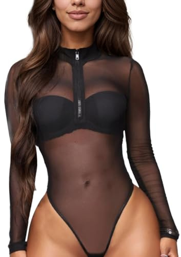 EMOTTOS Mujeres Body de Manga Larga, Malla Transparente Ver a Través de Sexy Ronda Zip Escote Body Suits, Slim Fit Alto Estiramiento Suave Leotardo Casual Top Camisa, Negro, S-L