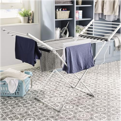 VOIRDA Tendedero Electrico Plegable Interior y Exterior Secador de Ropa Vertical Extensible con Alas Soporte para Tender Ropa Aluminio Tenderetes de Ropa 18 Metros de Tendido 147x54x90cm
