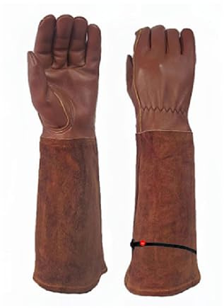 Gartenhandschuhe, strapazierfähig, dornsicher, lange Gartenarbeitshandschuhe mit Unterarmschutz für Garten, Hof, Landwirtschaft, Braun/S