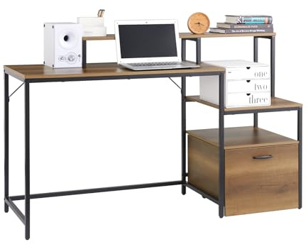 SoBuy Schreibtisch mit 3 Ablagen Computertisch Bürotisch Arbeitstisch für Homeoffice Eckschreibtisch Industrie-Design BHT ca. 143x90x50cm FWT103-PF