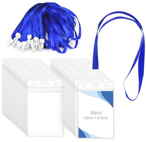 QWORK® Lot de 50 Porte-Badges Verticaux 135 x 85 mm en PVC Résistant Transparent avec Cordons de 90 cm