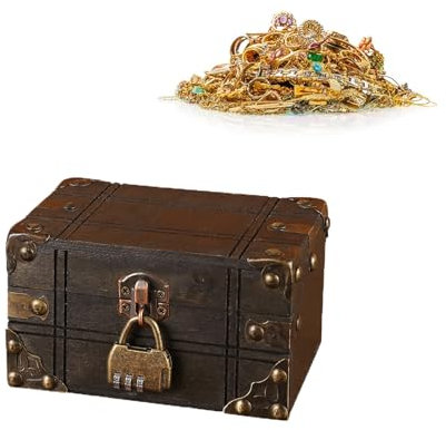 Vintage Wooden Treasure Chest,Pirate Storage Box with Padlock Decorative Keepsake Box Vintage Handmade Decorative Storage Box for Home Decor Jewelry Storage Jewellery Toy Halloween Christmas Gifts