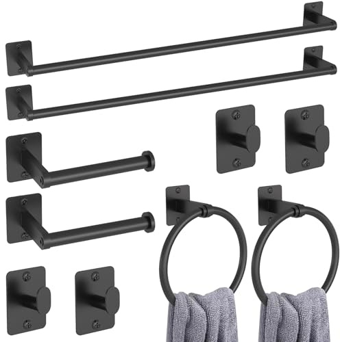 Gypie - Set di 10 accessori per il bagno nero, set di accessori per il bagno in metallo include portasciugamani nero da 61 cm, porta rotolo di carta igienica, anello per asciugamani e ganci da parete