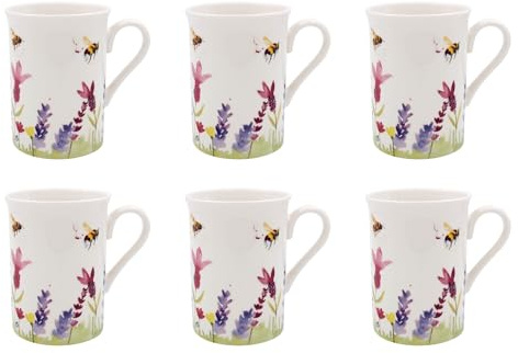Tamersgifts Fine China Floral Bee Mugs, Set of 6, 300ml, Dishwasher and Microwave Safe, 10cm x 7cm