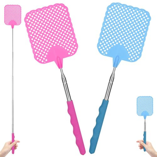 AYESY Extendable Fly Swatter, 2 Pack Strong Manual Fly Swat Pest Telescopic Stainless Steel Handle Adjustable 26.5cm to 73cm Heavy Duty Flyswat for Indoor Outdoor Mosquitoes Flies (Rose Red & Blue)