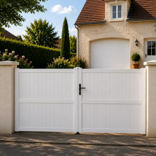 Gefradis Portail battant Manuel PVC Blanc Structure renforcée Largeur 300 cm x Hauteur 180 cm Plein GUÉRANDE