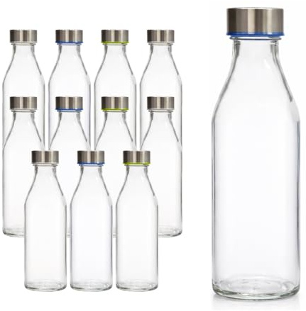 PALUPLUS Set 12 Bottiglie in Vetro Trasparente, Capacità 1000ml, Tappo a Vite con Chiusura Ermetica, Design Elegante, Bottiglia per Acqua e Succhi -GERIM5506F-8