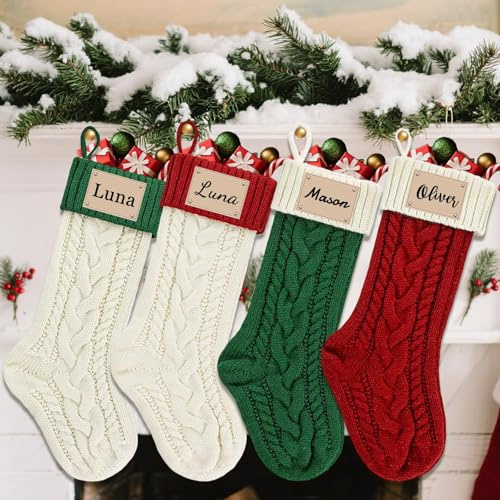 Großer Weihnachtsstrumpf mit Namen, personalisierbar, Laser-Gravur, Namen, zum Aufhängen, große Zopfstrick-Weihnachtsstrümpfe für Weihnachten, Familie, Urlaub, Kamin, hängende Dekorationen