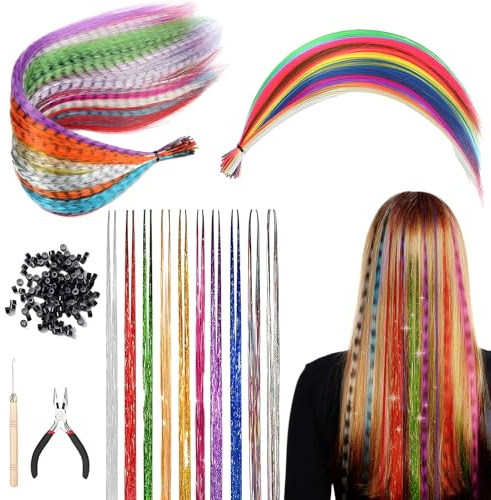 90 Pièces Kit Extension de Cheveux Colorés Mèches de Cheveux, Mèche Cheveux Couleur,Extension Cheveux ExtensionCheveux Tresse,Pince,Crochet avec 100 Perles,Pince pour Tresses de Queue de Cheval