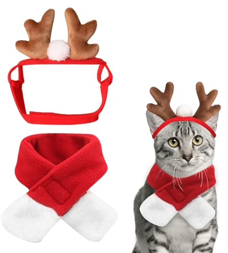 Weihnachtsmütze Katze, Weihnachtsmütze Hund, Rentiergeweih Hund Katzen, Katzen Weihnachtsmütze mit Haustierschal, für Kleine und Mittelgroße Haustier-Weihnachtskostüme (B)