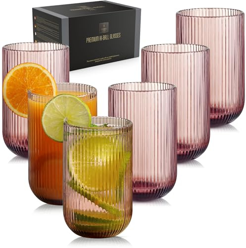TKNO 6X 410 ml räfflade highball-glas höga hi-ball-glas vatten gin juice cocktail dricksglas origami-stil räfflad krusning dryckestumblerset, perfekt för hem, restaurang, evenemang och fester
