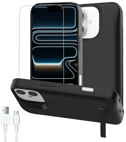 Gladgogo Akku Hülle für iPhone 17 (8500mAh, 6,3 Zoll), Ultra-schlanke Akkuhülle Wiederaufladbar Batterie mit Faltbarer Handyhalter und Schutzfolie, Tragbares Batterieladegerät Hülle, Schwarz