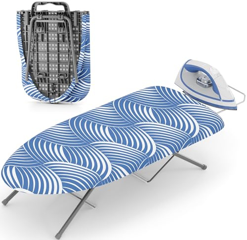 KINGRACK Foldable Small Ironing Board with Iron Rest, 30×76 cm,Blue & White | Space Saving Iron Board,Extra Thick Cover, Portable Tabletop Ironing Board wiht Non-Slip Feet for Home,Dorm,Travel