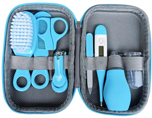 Kit per toelettatura per bambini, Kit per toelettatura per bambini, 8 pezzi Set di termometro per capelli e unghie, sanitario e sicuro, Essenziale per la cameretta dei neonati con custodia blu per l