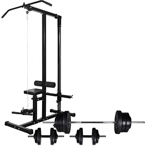QUAHEAS Strength Tower with Barbell and Dumbbell Set 60.5 kg Fitness Equipment for Strength Training, Weight Bench with Cable Pull and Leg Curler, Training Device for Muscle Building, Bench Press