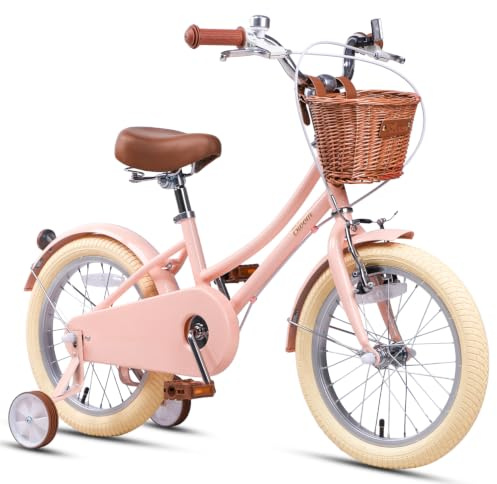 glengo Bloom 12 14 16 18 20 Zoll Retro Mädchenfahrrad für 2-13-Jährige, mit Weidenkorb und Stützrädern, Rosa/Grün/Pfirsich/Gelb