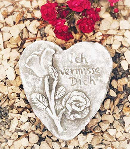 Radami Grabherz Spruch - Ich vermisse Dich - Grabschmuck Dekoherz Steinguss Herz Rose hell