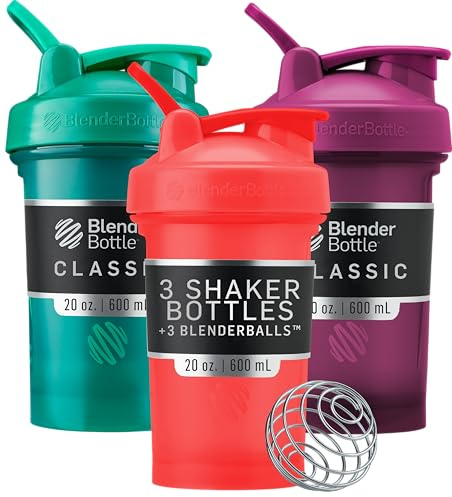 BlenderBottle Classic V2 Shaker Bottle Perfect for Protein Shakes and Pre Workout, 20-Ounce (3 Pack), Red, Green, Plum