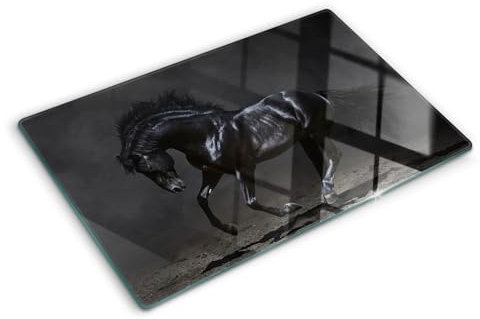 Tagliere in Vetro Temperato 80x52 cm Antigraffio con Piedini Antiscivolo Rettangolare Resistente al Calore Facile da Pulire da Cucina con Stampe Durevole e Igienico - Cavallo nero