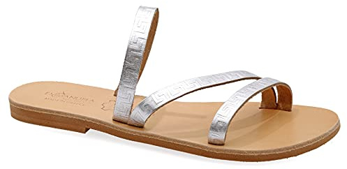 37 Silber Emmanuela Altgriechische handgefertigte flache Ledersandalen mit Mäander, Qualität Riemchen Sommerschuhen für Frauen, Offene Zehen Slide Sandalen, Boho Chic Sandalen