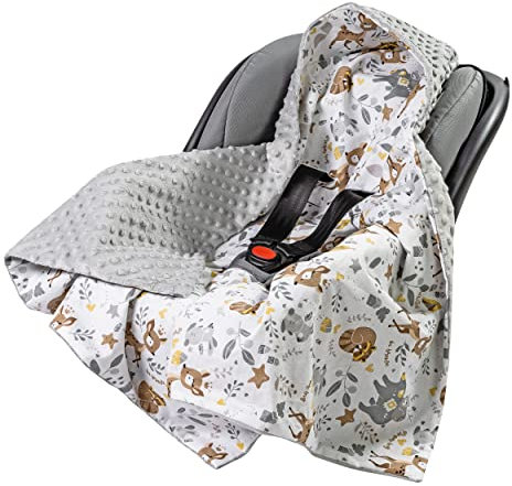 Medi Partners Einschlagdecke Baby Babyschale 100% Baumwolle für Sommer 85x85cm Kinderwagen Kuscheldecke universal Baby Decke Einschlagdecken Babydecke Buggy Autositz (REH mit grauem Minky)
