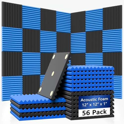 TEMGCUAM 56 Pack Acoustic Foam Panels |1 x12 x12 Rapid Recovery Acoustic Wall Panels |High Density Sound Reducing Panels for Home Studio |With Adhesive Stickers 280PCS (28 Black+28 Blue)