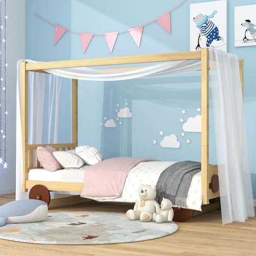 Daesar Autobett Kinder, Kinderbett mit MDF-Rädern, Bettrahmen aus Kiefer, Bett für Kinder Mädchen, Natur (90x200cm)