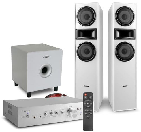Fenton Audizio 2.1 Tower Speaker Systems with AD220A Bluetooth Amplifier, SHF700W Floor Standing Speakers & 8 Active Subwoofer - Stereo Surround Sound for TV, Home Audio & Cinema Setups, White