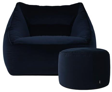 Icon Natalia Sitzsack Sessel mit Sitzpuff für Erwachsene, Dunkelblau, Flauschiger Samtstoff, Riesen Sitzsack Samt mit Füllung, Bean Bag Chair, Bequemer Sessel Wohnzimmer, Lounge, Schlafzimmer, Büro