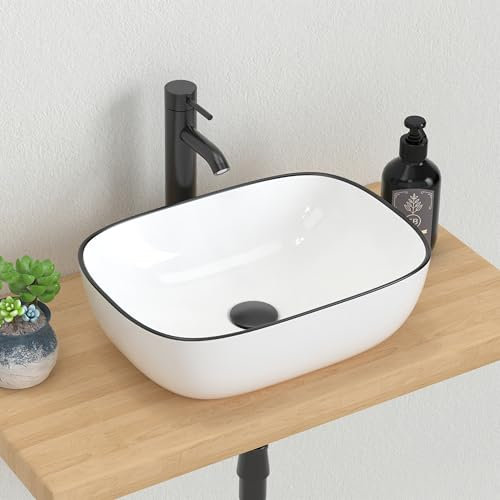 J-FAMILY 18 x 13 Bathroom Vessel Sink White Porcelain Ceramic Sink Bowl Above Counter Oblong Wash Basin Black Rim Decoration Vanity Sink Lavatory Art Basin