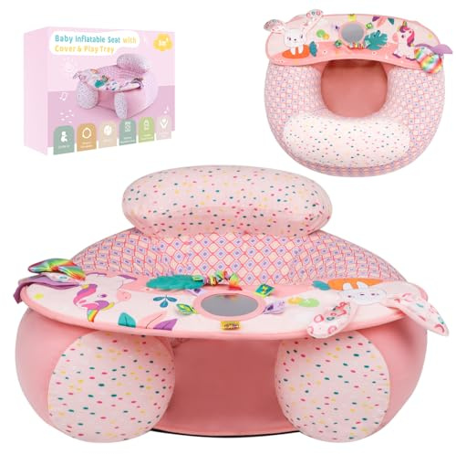 Blublu Park Aufblasbarer Sitz auf dem Boden für Babys von 3-36 Monaten, tragbarer Baby-Stuhl‚ Sit-Me-Up Babyschale abnehmbarer Aktivitäts- und Sinnesplatte, Babysitze zum Aufsitzen (Rosa Neu)