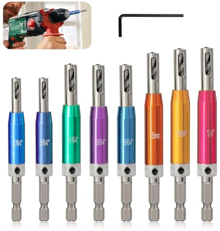 Raheem 8 Pcs Hinge Drill Bit Set With Sharpener and Countersink Guide - HSS Self Centering Bits, 1/4 Hex Shank, Sizes: 5/64, 7/64, 9/64, 11/64, 5mm, 13/64, 1/4