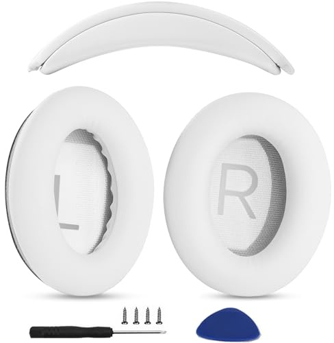 Ohrpolster + Kopfband-Ersatz-Ohrpolster, kompatibel mit Bose QuietComfort 45 QC45 35 QC35, QC35 ii Over-Ear-Kopfhörern, einfache Selbstmontage, Proteinlederteile (weißes Set)