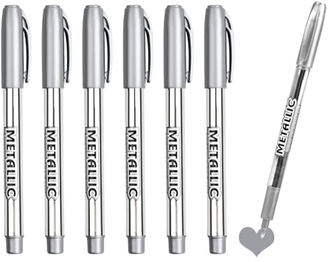 6 st metalliska tuschpennor, permanenta silvermarkörpennor permanent, silvermarkörer, snabbtorkande skimrande högglans för gör-det-själv-hantverk, scrapbooking korttillverkning konstprojekt 1,5 mm