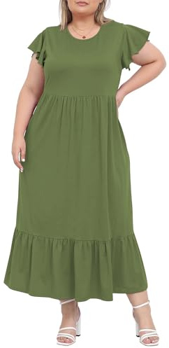 Moon Wood Vestido Largo Verano Mujer Tallas Grandes Vestidos Casual Corto Manga de Primavera Vestido Playa de Fiesta Elegantes Oliva XXL