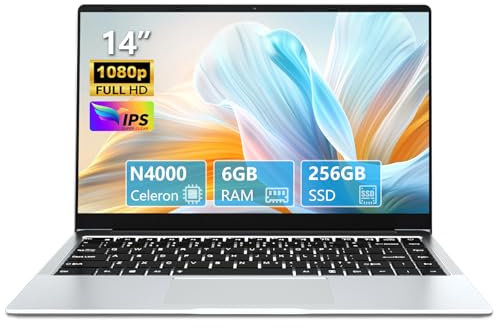 PC Portatile 14,1 Pollici, Notebook Celeron N4000 Processor, Win11 PC Portatile 6GB LPDDR4 RAM 256GB SSD, 1920 * 1080P Schermo 80°Flip, Batteria 7.6V/5000MA, Mini-HDMI/USB3.0, UHD Graphics 600