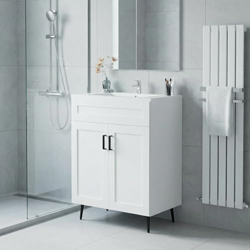 LDarqeer Waschbecken mit Unterschrank 60 cm breit, Freistehender Waschbeckenunterschrank, Badmöbel Set für Gäste-WC & Bad, 2 Soft-Close Türen, Waschtisch mit Keramikbecken, Weiße, Metallgriffe