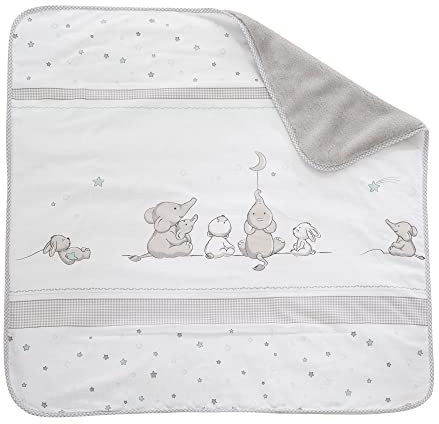 roba Babydecke Sternenzauber - 80 x 80 cm - Baby Kuscheldecke mit Sternen & Elefanten Motiv - Kinderdecke aus weicher Baumwolle - Weiß / Hellgrau