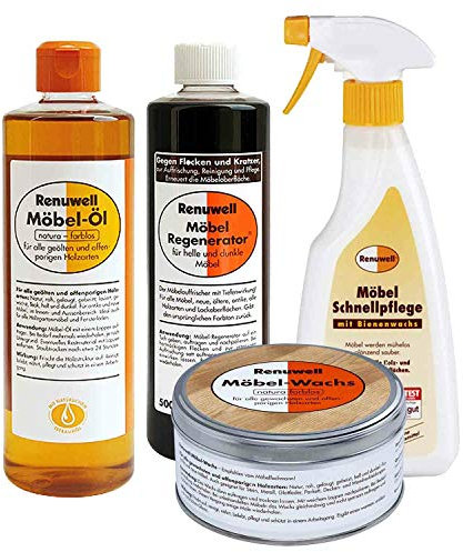 Renuwell Möbel-Regenerator, Möbel-Öl Leinöl-Firnis, Möbel-Wachs & Möbel Schnellpflege mit Bienenwachs (jeweils 500 ml) – 4-teiliges Set zur intensiven Pflege, Reinigung und Schutz von Holz