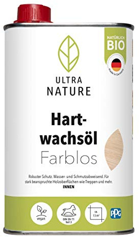 ULTRA NATURE Aceite de cera dura 0,5 l, vegano, ecológico, sin disolventes, incoloro, aceite para suelos, aceite para madera, aceite para muebles.