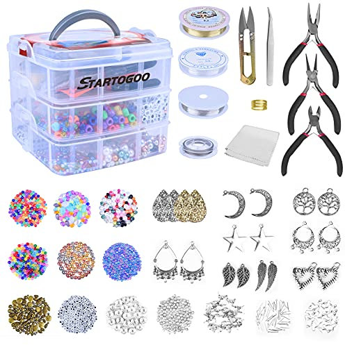 STARTOGOO Schmuck Selber Machen Set Erwachsene, Werkzeug zur Schmuckherstellung mit Perlen, Charms, zange, Draht und Zubehör, Bastelset für Ketten, Ohrringe, Armband, Geschenke für Mädchen