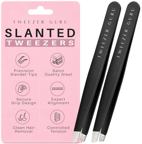 Tweezer Guru Tweezers for Women Facial Hair & Men – Precision Slant-Pointed Eyebrow Tweezer for Ingrown Hair, Blackhead & Splinter Removal (2 Black)