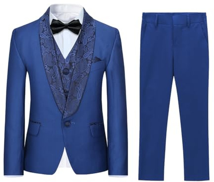 Sliktaa Boys Suit 3 Pieces Dress Suit Prom Page Boy Jacquard Shawl Lapel Tux Wedding Blue 16 Years