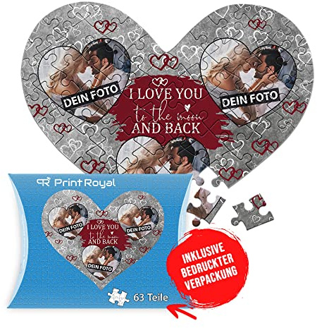 Foto-Puzzle selbst gestalten - I Love You - mit 3 Fotos Bedrucken - Herz-Puzzle Personalisieren - Geschenk zu Valentinstag, Jahrestag - 63 Teile inkl. Kartonverpackung