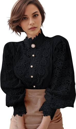 Petalum Femme Chemisier Dentelle Chic Chemise Victorien à Manche Longue Bouffante Ballon Sexy Chemisier Gothique Lolita Lace Ajouré Top Blouse Renaissance Elégant Ample Vintage (Noir, Taille 38(XL))