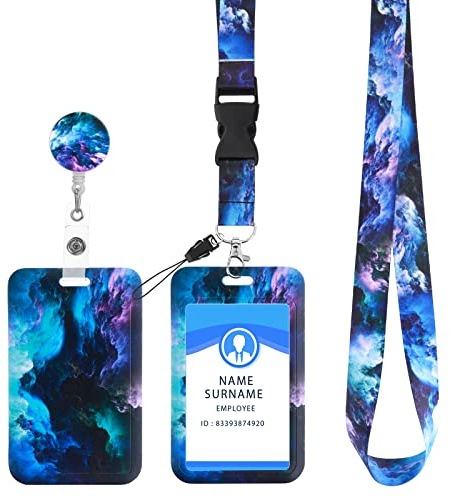 Cobee ID-bricka hållare med snodd, infällbar, stjärnhimmel, märkeshållare med rullar och avtagbara märkesband, fashionabla halsband, crossbody-band, namn, kreditkortsskydd för kvinnor/flickor (blå)