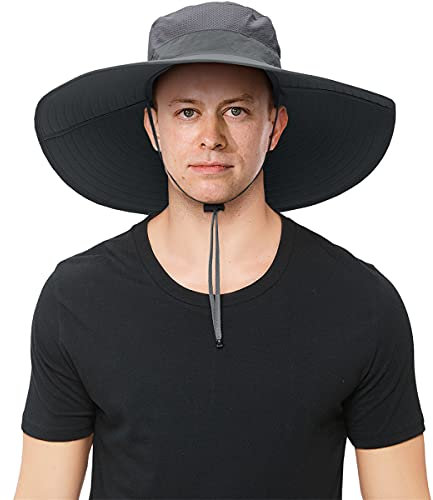 29 IYEBRAO Sonnenhut Herren mit Breiter Krempe UV-Schutz Atmungsaktiv Fischerhut Große Krempe Sommerhut Buschhut Outdoor Wanderhut Anglerhut mit Verstellbarem Kinnriemen (Dunkelgrau)