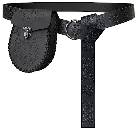 HiiFeuer Mittelalter Geprägter O-Ring Gürtel mit Nordisch Geprägter Gürteltasche, Vintage Kunstleder Gürtel und Seitentasche Set für LARP