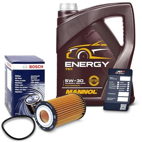BESTPRICE Inspektionspaket Filterset mit 1x Ölfilter, 5l Motoröl 5W-30 MANNOL ENERGY, 1x Ölwechsel-Anhänger
