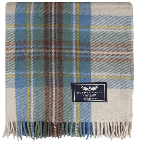 The Golden Eagle Scottish Tweed Wool Large Blanket Tartan Rug with Check Pattern for Warm Winter (Stewart Muted Blue)
